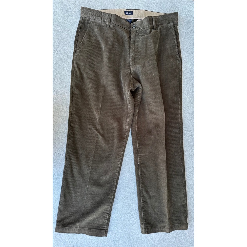 IZOD Mens Corduroy Pants 36x29 Olive Brown Straight Leg Casual Trousers